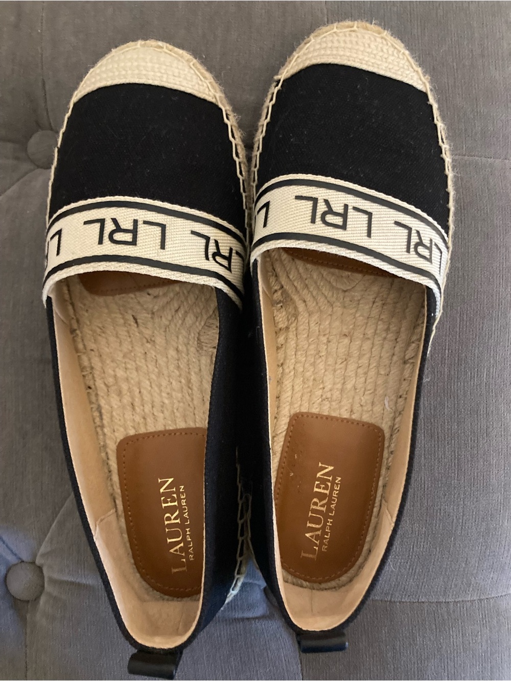 Lauren Ralph Lauren Black Canvas Espadrille Flats with Natural Jute Trim